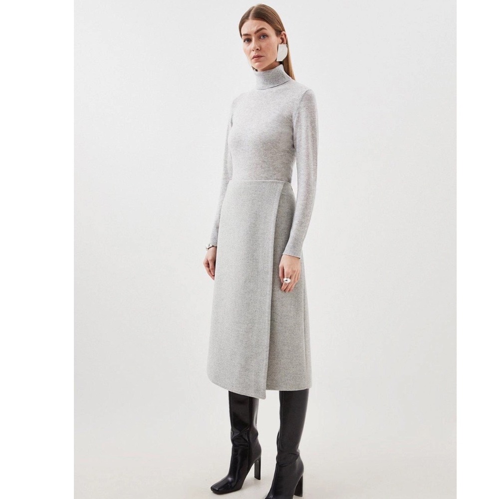 Karen Millen Grey Wool‎ Blend Wrap Effect Midi Skirt Herringbone US 4 UK 8